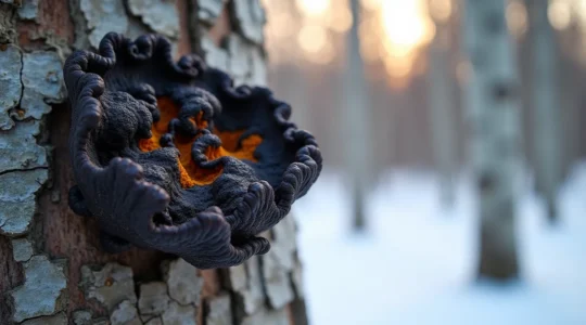 Fungo Chaga nero irregolare attaccato a corteccia di betulla in foresta invernale, interno arancione visibile, atmosfera boschiva fredda