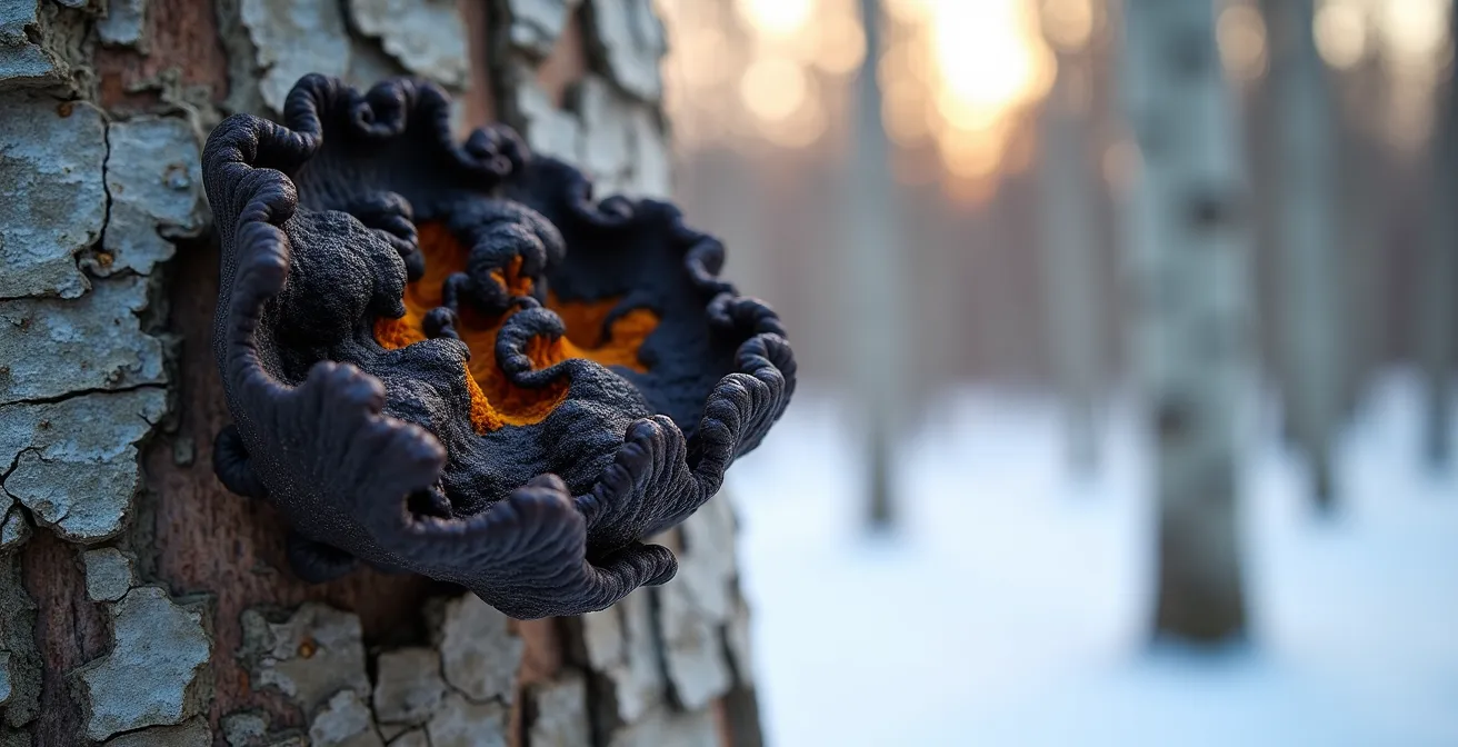 Fungo Chaga nero irregolare attaccato a corteccia di betulla in foresta invernale, interno arancione visibile, atmosfera boschiva fredda