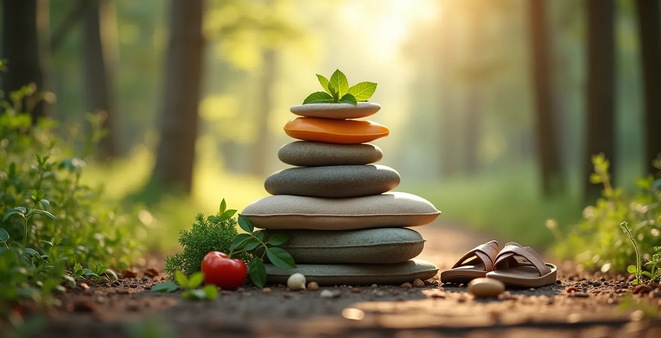 Piramide del benessere con fondamenta di sonno, dieta varia e movimento, strati intermedi di riduzione dello stress, e Chaga come supporto integrato, atmosfera luminosa e armoniosa