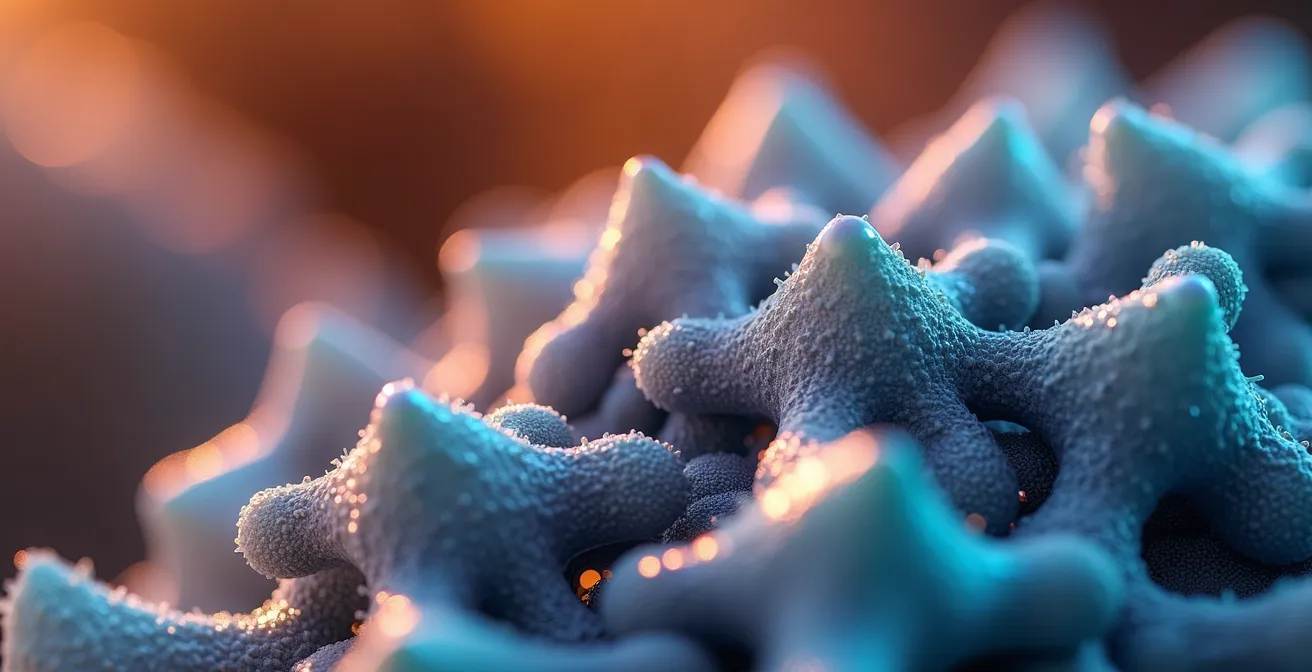 Rappresentazione astratta di molecole di betulina, melanina e polisaccaridi che si intrecciano e si sinergizzano, con aureola luminosa blu intorno a una cellula umana, stile macro scientifico