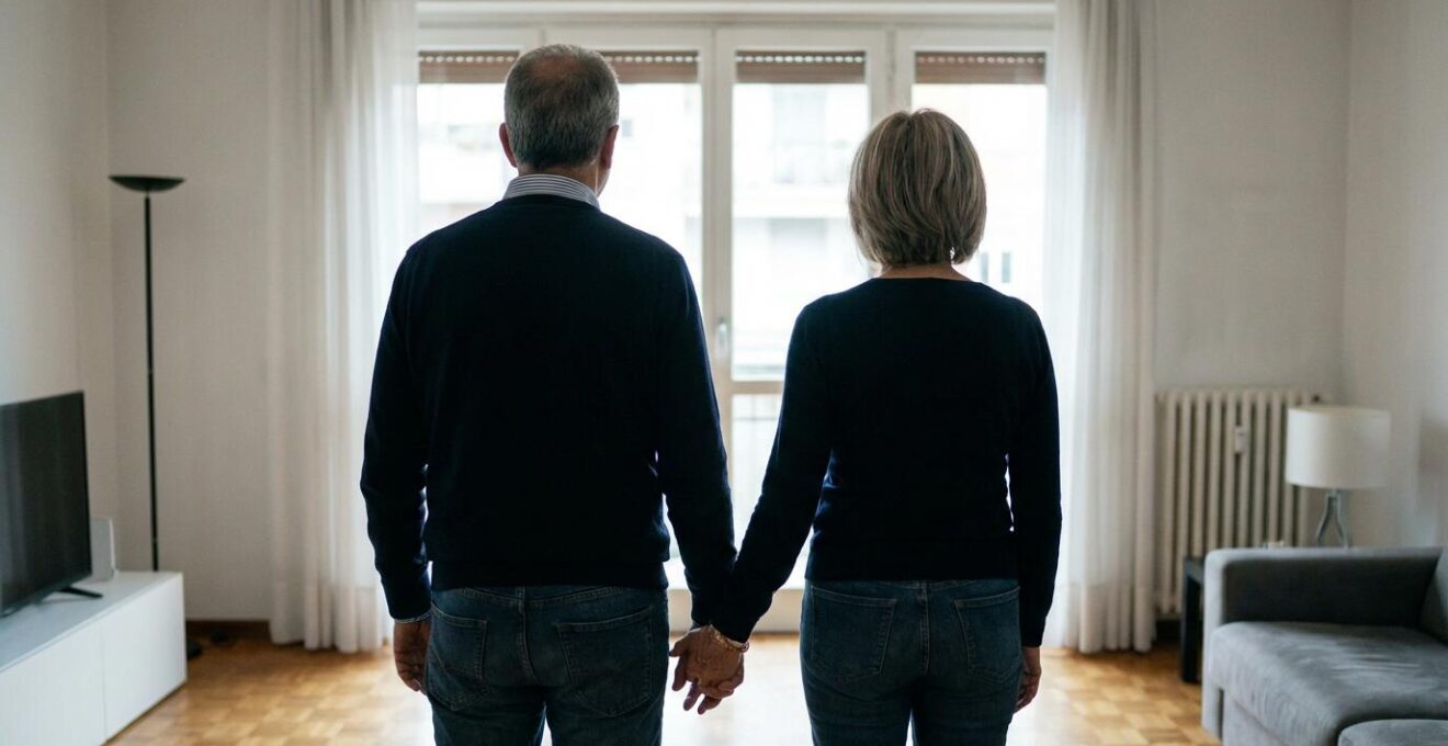 Coppia italiana che osserva un appartamento luminoso durante una visita di valutazione immobiliare