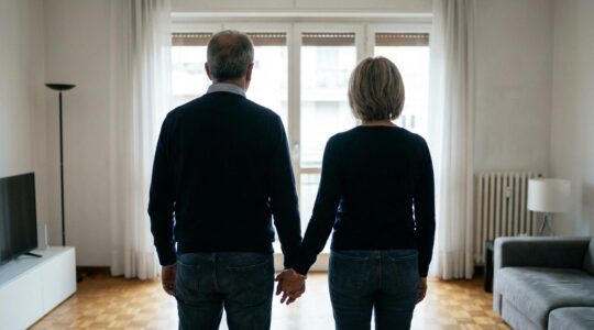 Coppia italiana che osserva un appartamento luminoso durante una visita di valutazione immobiliare