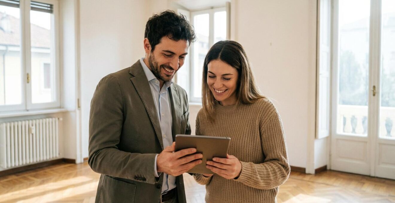 Agente immobiliare italiano che mostra una valutazione su tablet a una cliente in un appartamento