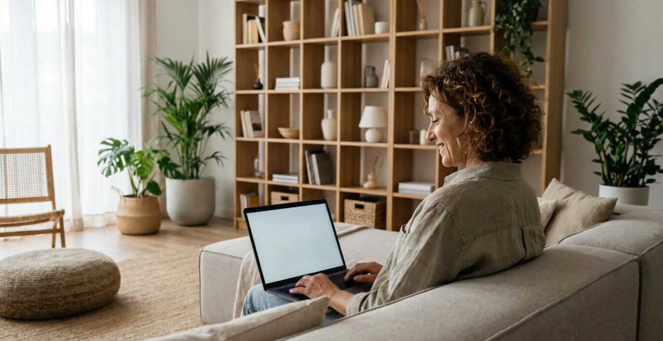 Donna italiana che consulta una valutazione immobiliare online su laptop nel soggiorno