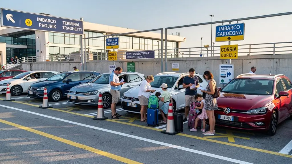 Veicoli in coda nelle corsie di imbarco al terminal del porto italiano prima della partenza per la Sardegna