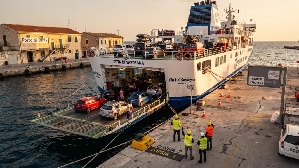 Traghetto passeggeri e veicoli attraccato al porto italiano con auto in imbarco per la partenza verso la Sardegna